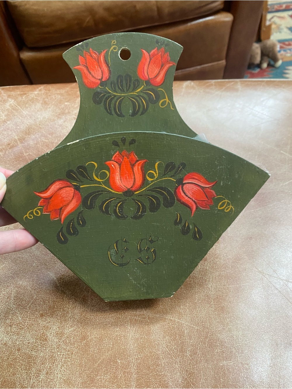 Vintage HandPainted Cone Coffee Filter Holder Green Floral Wooden Wall Decor - Picture 4 of 11